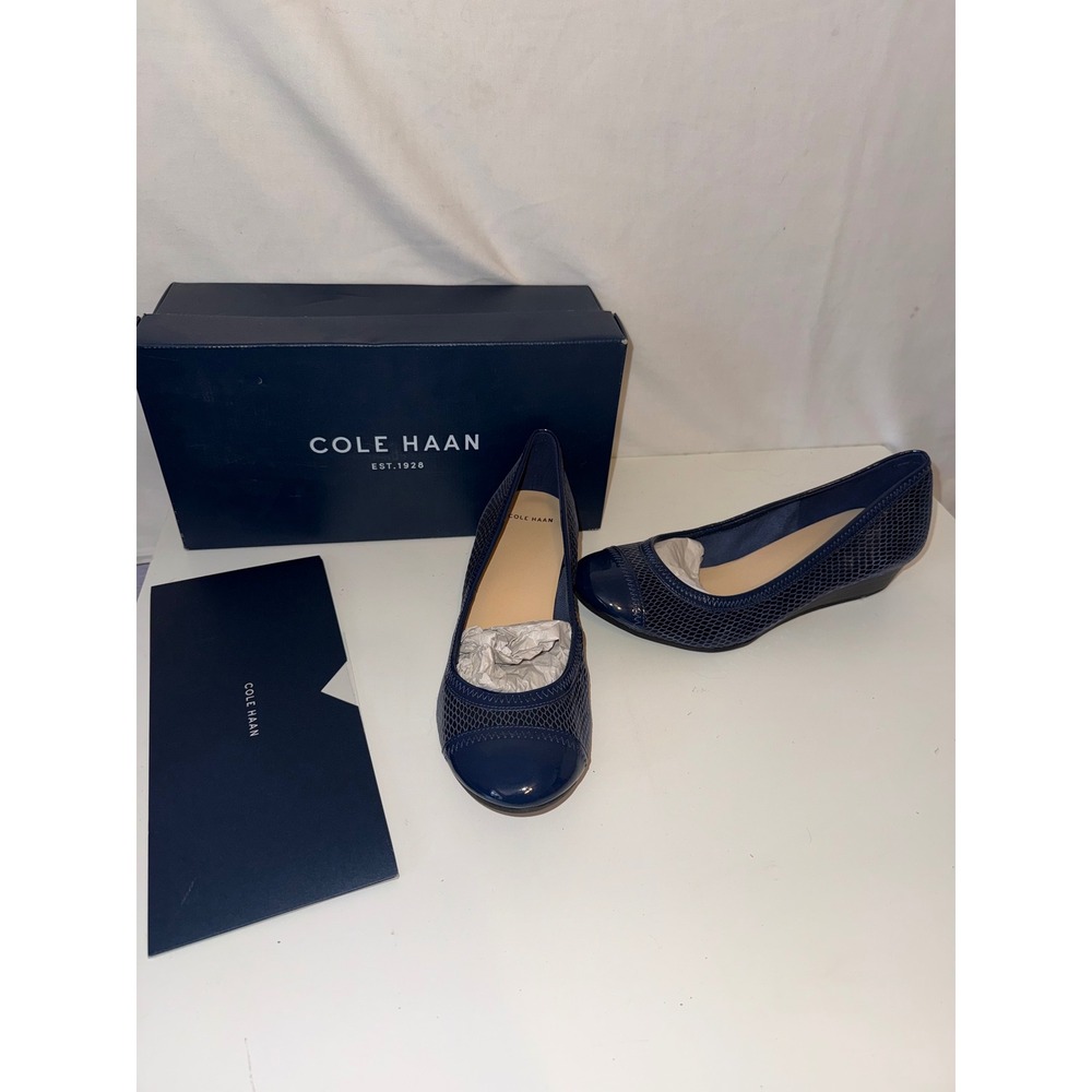 Cole Haan Tali Grand Navy Blue Snakeskin Patent Wedge Pumps D42541 Size 7.5B